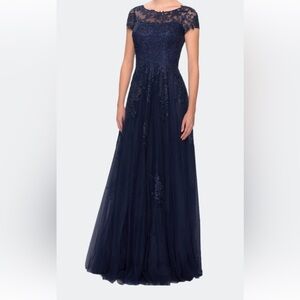 La Femme Navy Floral Lace Midi Dress